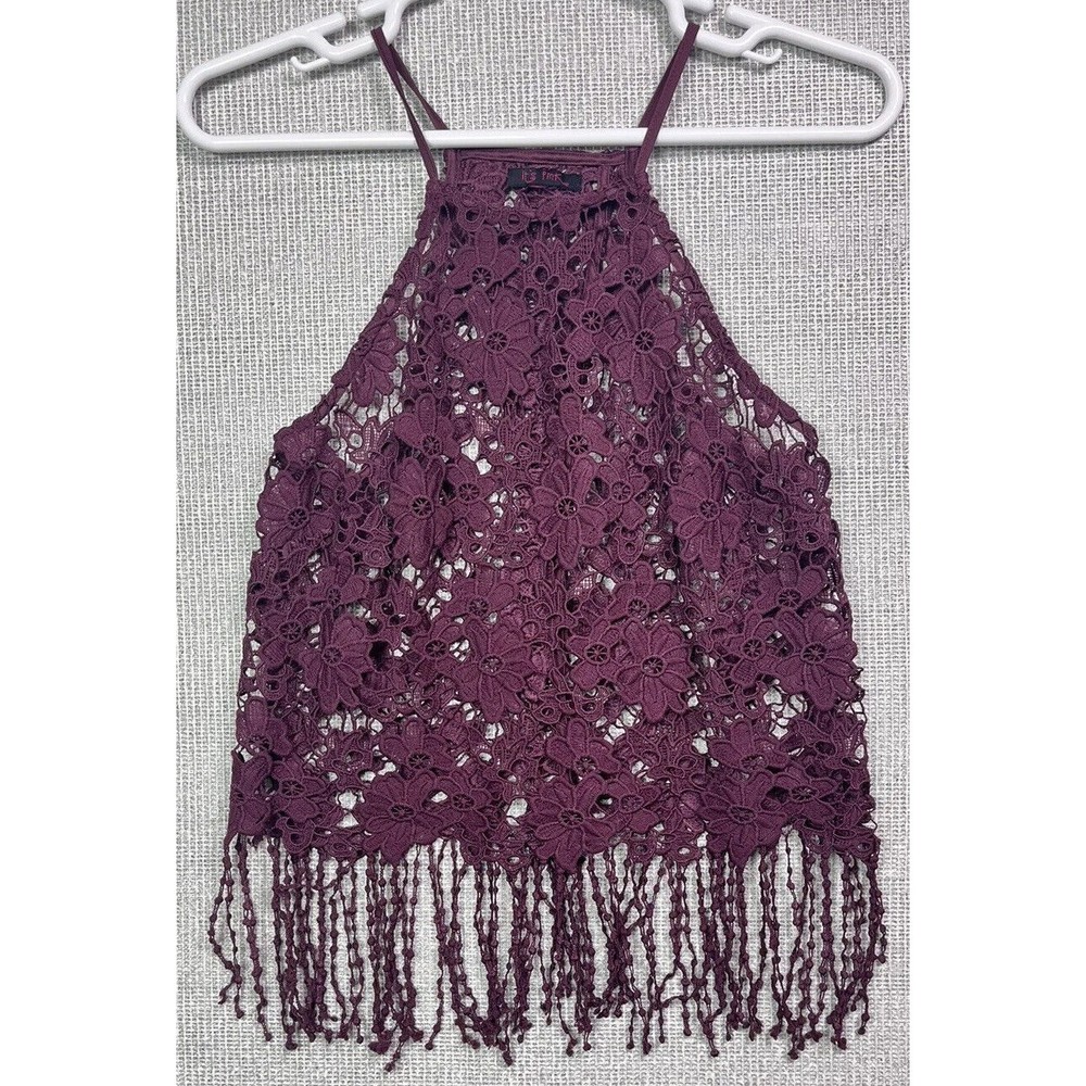 It's Pink Womens Cropped Halter Tank Top Size L Floral Open Back Fringe Tassels